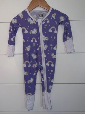 SCAINF Bamboo Zippy 0-3M Girl Pajamas Purple Unicorn Rainbow Sleepwear EUC